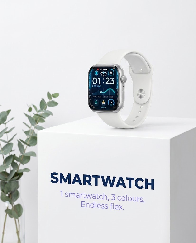 Silver smartwatch with a white strap displayed on a white pedestal
